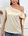 AISWI Women's 2024 Off Shoulder Satin Tops Elegant Casual Short Sleeve Asymmetrical Neck Silk Blouses Shirts, Champagne, XX-Large