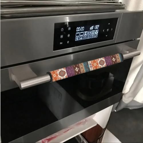 Image of Fridge Door Handle Covers Set of 6 Kitchen Appliance Decor Handles Glove Anti-Slip Protectors Washable Fabric Refrigerator Decor Accessories, Ethnic Floral Orange Violet Beige