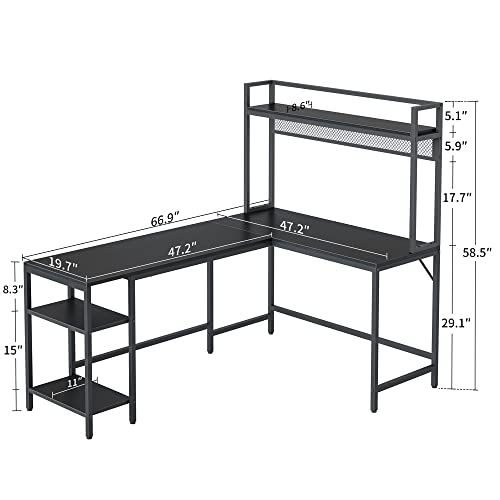 Cubicubi L Shaped Desk With Hutch, 66.9" Corner Computer Desk With Iron Mesh Rack, Home Office Gaming Table With Storage Shelves, Space-Saving, Black #TOP2