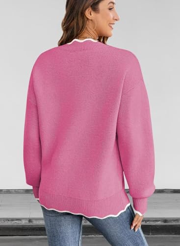 Women's Fall V-Neck Pullover Sweater, Long Sleeve, Scallop Trim, Casual Knitted Jumper Tops4