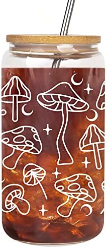 Lvoetgif Mushroom Iced Coffee Glasses with Bamboo Lids and Straw, Cute Mushroom Drinking Beer Can Shaped Cup, Aesthetic Birthday Gifts for Mushroom Lovers Women Mom Best friend wife