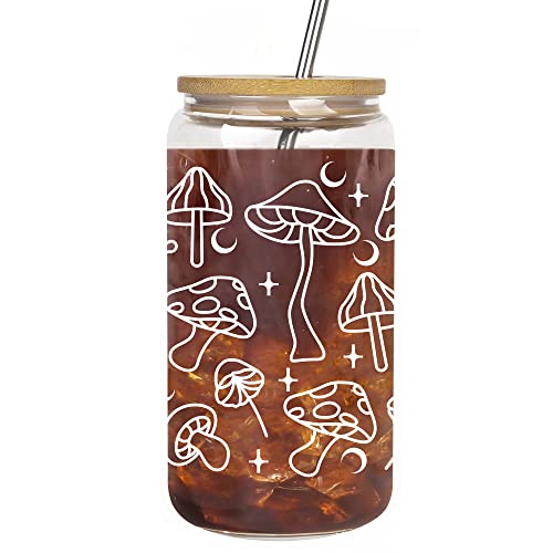 Lvoetgif Mushroom Iced Coffee Glasses with Bamboo Lids and Straw, Cute Mushroom Drinking...