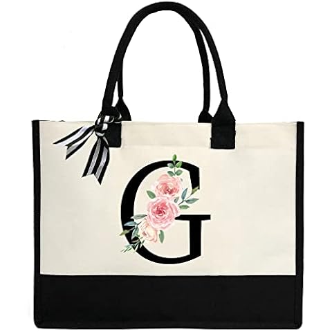 DEEZOMO Personalized Initial Canvas Tote Bag for Women, Beach Bag with Inner Zipper Pocket, Suitable for Wedding, Birthday, Beach, Holiday - Black(G) Cover