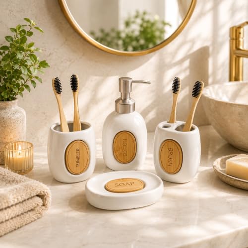 Image of Market99 Ceramic Bathroom Set Glossy White with Sophisticated Classic Text Pattern, Includes Soap Dispenser, Tumbler, Toothbrush Holder, and Soap Dish for Coordinated Bathroom Style, 400 ML Capacity