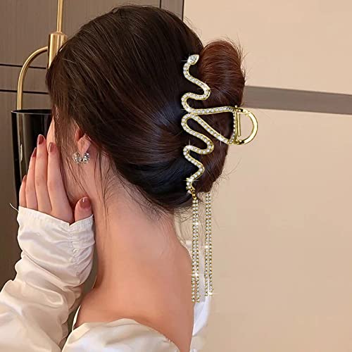 Juome 2Pcs Hair Claw Clips For Women, Metal Silver Gold Snake Claw Clips For Thick Hair, Rhinestone Hair Jaw Clips With Glitter Tassel, Hair Accessories For Women #TOP5