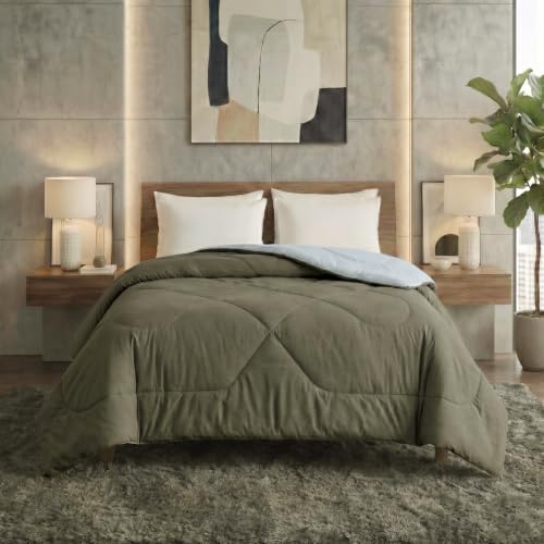 Image of DECORUM Reversible Microfiber Comforter for Double Bed | Olive Green & Light Grey | Soft Lightweight All Season Quilt | Premium Filled Bed Comforter | (228 X 223 CM)