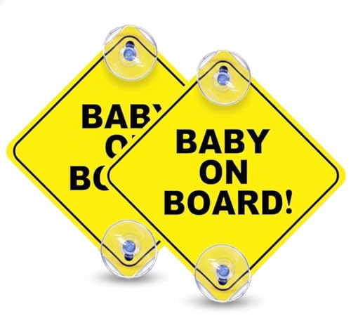 2 Pcs Baby on Board Sign for Car, High Visibility Safety Warning Caution Sign with 4 Strong Suction Cups, Reusable PVC Weatherproof Car Stickers for Toddlers Babies & Kids - Yellow