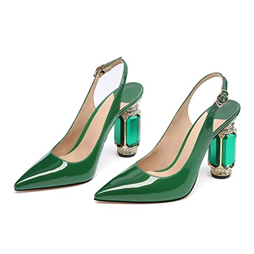 Image of JANSEVEN Women Chunky Heels Pumps Crystal Block Heels with Rhinestones Pointed Toe Sexy Gradient Patent Leather Slip on Bridal Party Wedding Dress Shoes 5-13 M US