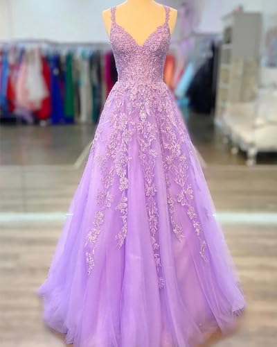 Spaghetti Straps Tulle Prom Dress with Applique V Neck Long Formal Ball Gowns A Line Floral Evening Dresses3
