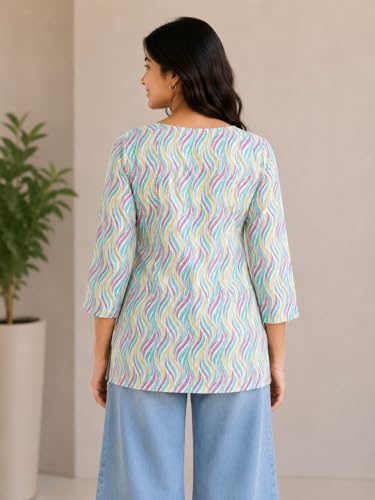 Image of Women Ikat Print Short Kurti Top,Cotton Blend Casual Ethnic Kurta for Women, Stylish Office Kurti Tunic,Lightweight Printed Short Kurti Kurti for V Nack Kurti