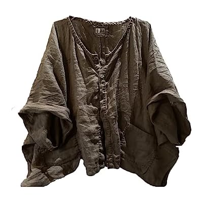 NFYM Womens Button Down Plain Linen Shirt Casual Half Sleeve Handmade Sewing Loose Fit Short Shirt Blouse