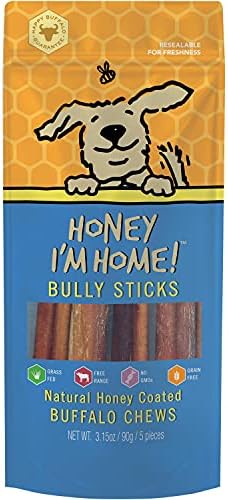Honey I'm Home, Bully Sticks Buffalo Dog Chews, 6 Inches, 5 Pieces - All Natural, Free Range, Healthy, Grain Free, Honey Coated & Crispy