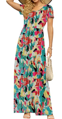 Image of DB MOON Womens 2026 Casual Summer Plus Size Maxi Dresses Short Sleeve Empire Waist Long Dress with Pockets(Color Mix, 2XL)
