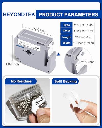 BEYONDTEK P-Touch m-231 compatível com fita Brother M 12 mm 0,47 branca, P-touch M Tape Mk-231 Mk-23