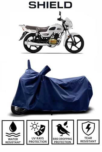 Image of Shield Heavy Duty Bike Cover for Tvs Radeon | All-Season, Tear-Proof Fabric | with Side Mirror Pocket & Buckle Belt | Tvs Radeon Bike Cover (Blue)