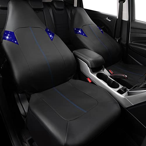 Outlet Bling Diamond Car Seat Cover Shining Rhinestone Diamond Bucket Waterproof PU Leather Two Front Universal Fit 95% Automotive Glitter Crystal Sparkle Strips for Cute Women Girl 2PCS, Blue — view 5