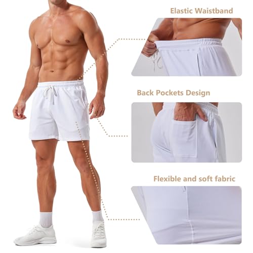 Jeixopu Mens Athletic Gym Shorts 5" Cotton Jogger Workout Casual Lounge Sweat Shorts with Pockets (White-L) — view 4