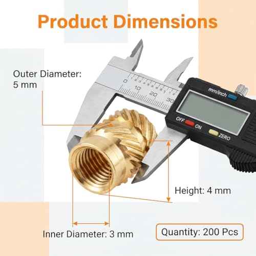 200 Stück M3 Gewindeeinsatz für 3D Druck, M3x5x4mm Messing Einschmelzgewinde Set, Gerändelte Einpressmuttern Gewindebuchsen für Kunststoffteile, Leiterplatten und Automobil Kunststoffgehäuse