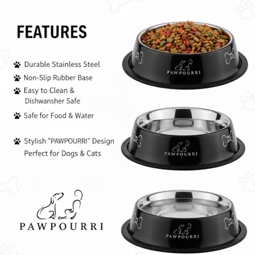 Image of Combo of Anti-Skid Feeding Bowls for Dogs, Cats & Puppy Pet Bowl Pack 2 Stainless Steel Pet Bowl (700 ml Each, Black & White)