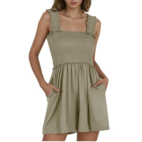 Bkul Jumpsuit Damen Sommer Elegant U-Ausschnitt Playsuit Falten Casual Overalls Lose Kurz Romper Hosenanzu (Khaki, XXL)