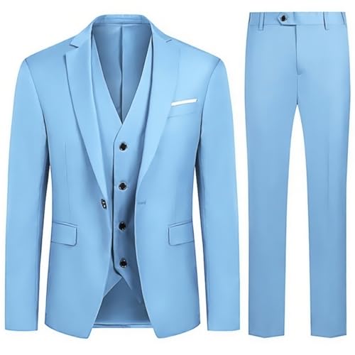 Allthemen Anzug Herren Slim Fit 3 Teilig Anzüge Modern Herrenanzug 3-Teilig Sakko Hose Weste Business Hochzeit Hellblau L
