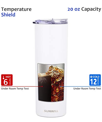 Sunwill Straw Tumbler Skinny Travel Tumbler With Lid, Vacuum Insulated Double Wall Stainless Steel 20Oz For Coffee, Tea, Beverages, White #TOP2