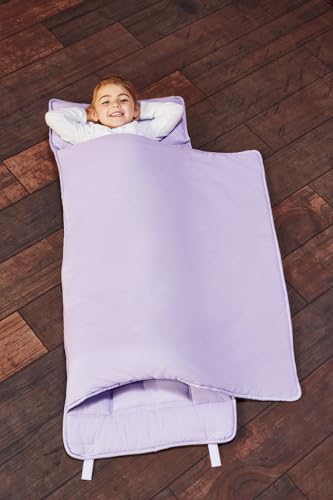 Image of EVERYDAY KIDS Nap Mat with Removable Pillow - Lavender - Carry Handle with Straps Closure, Rollup Design, Soft Microfiber for Preschool, Daycare, Travel Sleeping Bag - Ages 3-6 Years