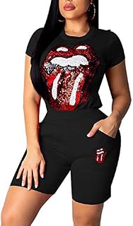 Women Casual 2 Piece Set Sequins Print Glitter Short Sleeve Tees Skinny Short