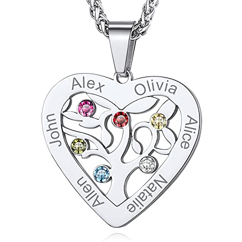 Custom4U Personalized Birthstone Name Necklace - Heart & Round Pendants Sterling Silver & Stainless Steel Family Tree of Life Charm Mother's Day Jewelry Gift for Women Mom Grandma 4-Stainles