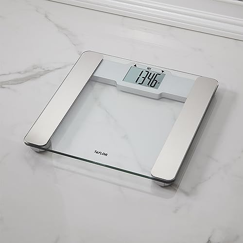 Image of Taylor Digital Glass Bathroom Scale with Body Fat, Body Water and Muscle Mass Analysis - Clear Tempered Glass Platform, 400 lb Capacity, Large Display, Stainless Steel Accents