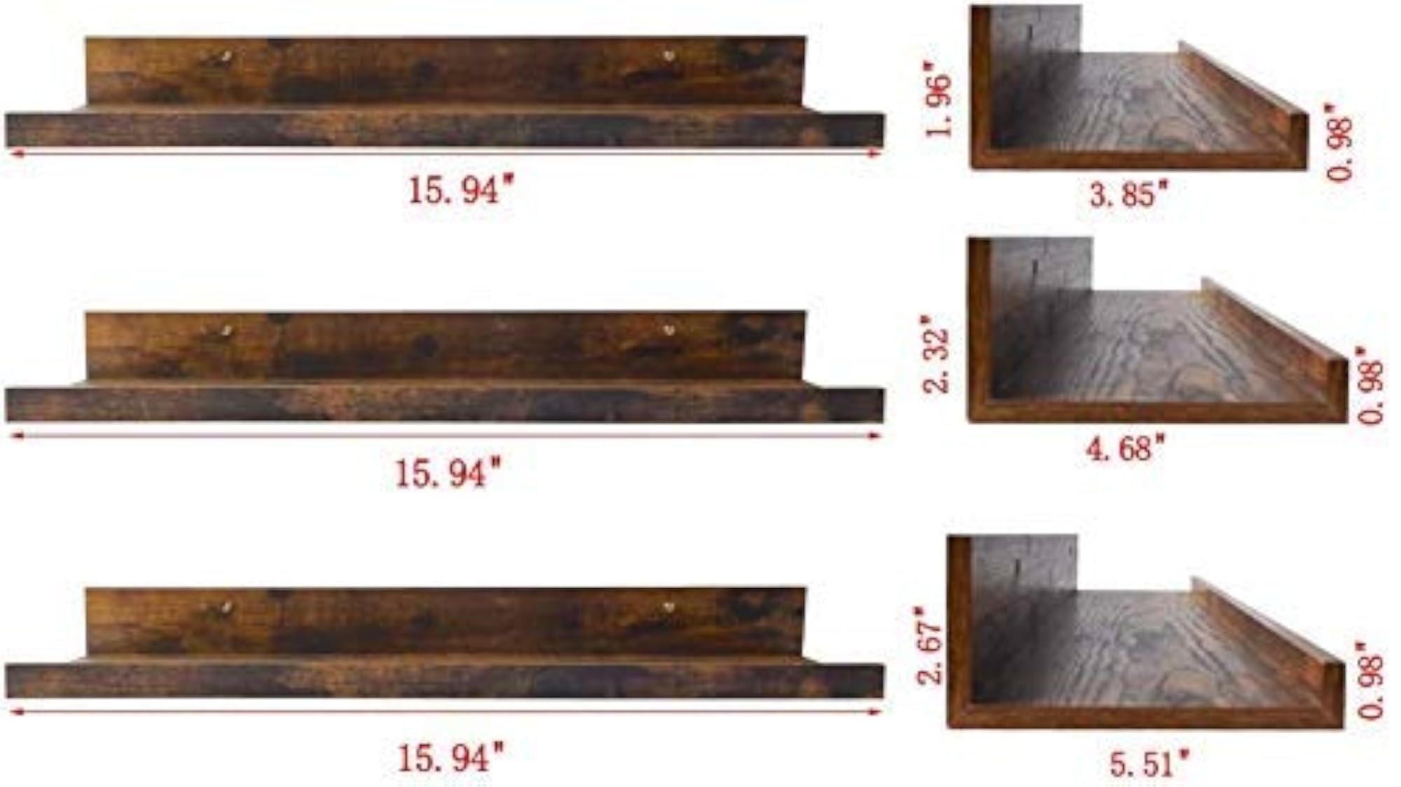 16 Inch Floating Shelves for Wall, Set of 3, Rustic Wall Mounted Ledge Shelf