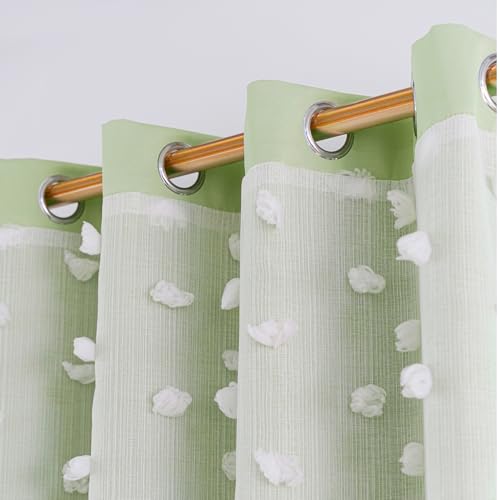 Image of Green Room Darkening Curtain for Girls Nursery Bedroom 52x54 Inch | 80% Blackout Double Layer Curtains with Pom Pom Sheer Overlay, Grommet Privacy Drapes for Toddler Bedroom Decor, 2 Panels