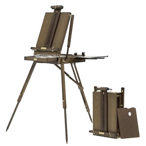 ATWORTH French Easel for Painting: Deluxe Beech Wood Plein Air Easel Stand with Metal Side Tray - Portable Sketchbox for Outdoor Field & Studio - Holds Canvas up to 34"- Gray Walnut