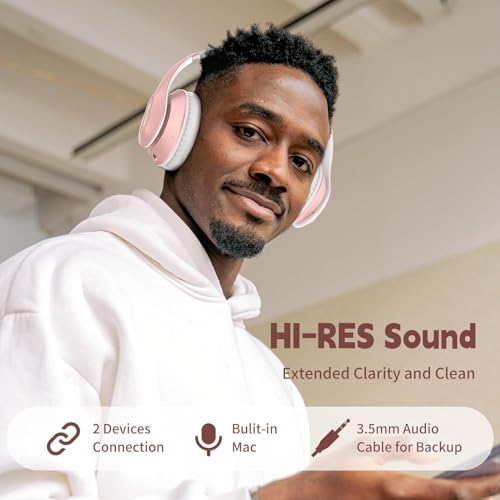 Wireless Bluetooth Headphones Over Ear 65H Playtime HiFi Stereo Headset with Microphone and 6EQ Modes Foldable Bluetooth V5.3 Headphones for Travel Smartphone Computer Laptop Rose Gold - Image 3