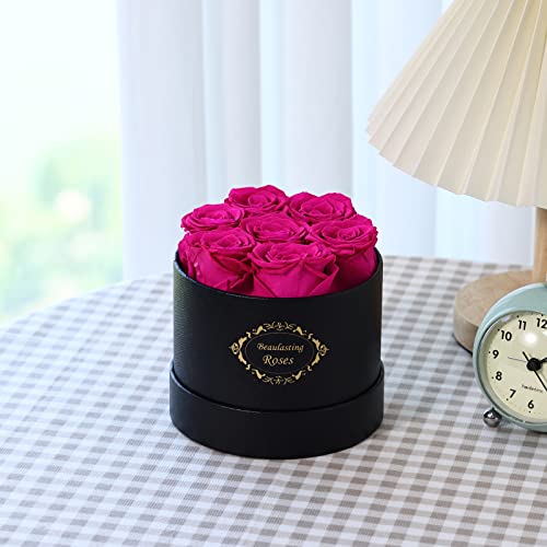 Beaulasting Roses Preserved Roses Box Eternity Roses Real Roses Gifts For Her Valentine's Day Christmas Anniversary Birthday Mother's Day(Round Black Box, 7 Hotpink Roses) #TOP3