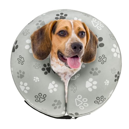Image of SCENEREAL Dog Cone Alternative After Surgery Donut Collar, Soft Pet Recovery Pillow Collar for Medium Large Dogs, Inflatable Adjustable Neck Collars to Prevent Licking, Grey Footprints M