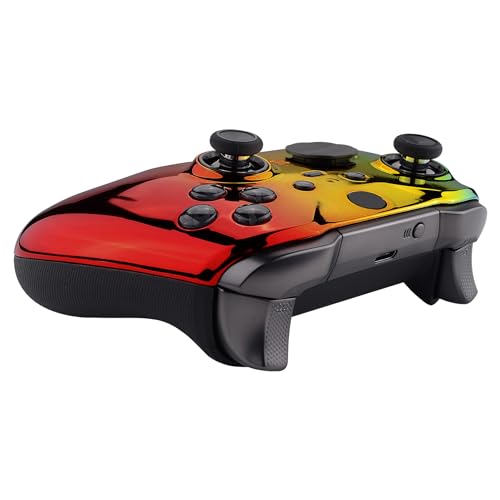 Image of eXtremeRate Tri-Color Gradient Glossy Faceplate Cover, Chrome Cyan Gold Red Replacement Front Housing Shell Case for Xbox One Elite Series 2, Elite 2 Core Controller Model 1797 - Accent Rings Included