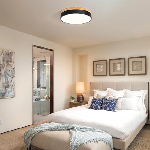 Yiisem Dimmable Wood LED Flush Mount Ceiling Light, 2700K-6000K Selectable Modern Black 11.8" Round Ceiling Lamp for Bedroom, Kitchen, Hallway, Laundry Room by Yiisem - Image 6