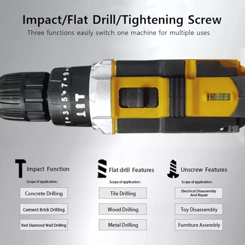 Cordless Drill Driver, 21V Electric Drill Screwdriver Kit with 25+1 Torque, 2 Speed with 2 Batteries 2.0Ah, LED Light Cordless Combi for Home and Garden DIY Project (Yellow-1) - Image 2
