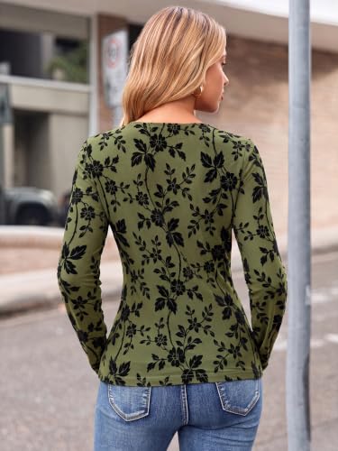 Glamaker Womens Long Seeve Going Out Tops Fall Trendy Floral Mesh Top Cute Date Night Y2K Shirts Outfits,Green L — view 6