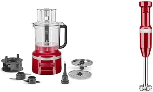 KitchenAid Procesador de alimentos de 13 tazas, color rojo imperio y batidora de mano con cable de velocidad variable - KHBV53
