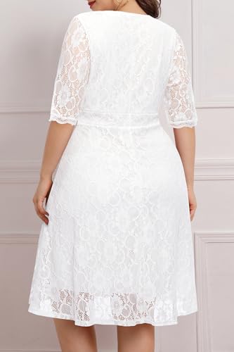 Women's Plus Size Wedding Guest Cocktail Party Semi Formal Lace Wrap V Neck Knee Length Dress White Size 22 - Thumbnail 3