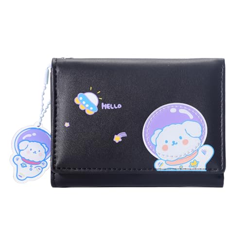 Girls Cute Astronaut Bear Bunny Print Tri-folded Wallet Small Wallet with Pendant Card Holder ID Window for Women(BLACK)