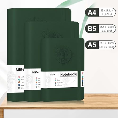 Mlife Notatnik A4 W Kropki Z Motywem Drzewa Życia, 360 Stron, Papier W Kropki 100 G/M2, Okładka Z Poliuretanu, Gumka, Uchwyt Na Długopis, 3 Zakładki, 21,3 X 28,1 Cm (Ciemnozielony)