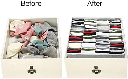 2 Pack Drawer Organisers Storage Boxes Fabric Wardrobe Boxes Foldable Clothes Drawer Cupboard Organizer 24 Cells for Socks, Underwear, Bras, Ties, Scarves, Baby Clothes (Grey)