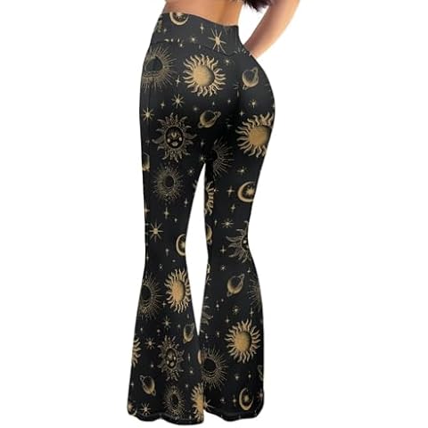 ELEDIZI Y2K Sun Moon Stars Goth Pants for Women Petite Flare Yoga Pants for Women High Waisted Short Plus Size Flair Leggings Stretchy Bell Bottom Pants for Women for Workout Gym Pilates,Size XL Cover