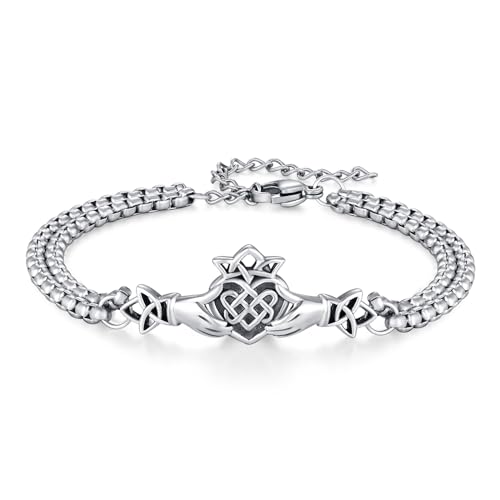 CUOKA MIRACLE Claddagh Bracelet for Men, Sterling Silver Irish Jewelry Couple Claddagh Heart Bracelets Birthday Jewelry Gift Adjustable Link Lucky Charm Bracelets