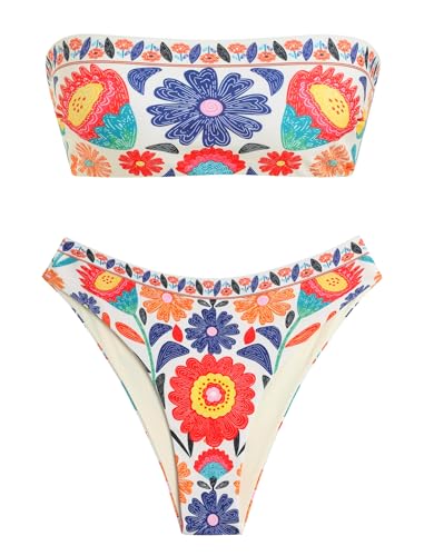 Image of ZAFUL Women's High Cut Bandeau Bikini Set Strapless Solid Color 2 Pieces Bathing Suit Swimsuit