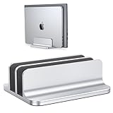 OMOTON Double Vertical Laptop Stand,[Reinforced Silicone and Curved Edge] Aluminum Laptop Stand Holder with Adjustable Dock Size (Up to 17.3”), Fits All MacBook/Samsung/Dell/Chrome Book, Bright Silver