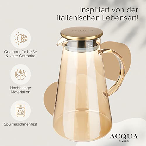 Foto von ACQUA DI AMALFI® Glaskaraffe | Wasserkaraffe 2 Liter mit Edelstahl/Bambus Deckel | Wasserkrug mit Fruchteinsatz | Auslaufsicher | Karaffe auch als Teekanne (GOLD/GOLD)